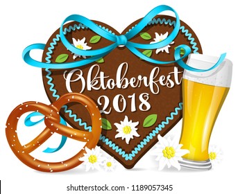 Oktoberfest 2018 gingerbread hearts with pretzel and beer isolated