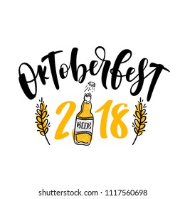 Oktoberfest 2018 hand written lettering logo, label, badge, emblem. Vector illustration.