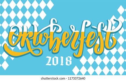 Oktoberfest 2018 handwritten lettering logotype on white and blue Bavarian pattern. Beer Festival vector banner. Blue, white lettering typography for logo, poster, card. Word is filled with foamy beer