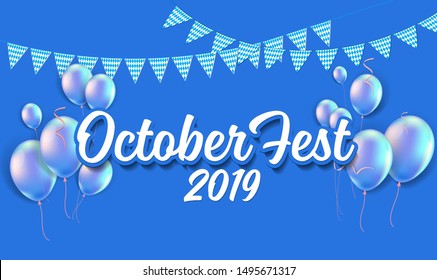 Oktoberfest 2018 handwritten lettering logotype on white and blue Bavarian pattern and balloon. Beer Festival vector banner. Blue, white lettering typography for logo, poster, card. 