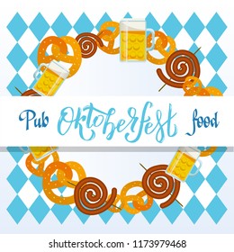 Oktoberfest 2018 Pub food frame vector flat illustration. Beer, meat, fast food, mug, snack, pretzel, sausage on white blue Bavarian rhombic background. Food set for pub design, beer restaurant