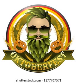 Oktoberfest 2018.  Round logo with hipster with hop green beard. . Vector illustration.