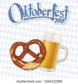 Oktoberfest 2019 background with a pretzel and a glass of beer