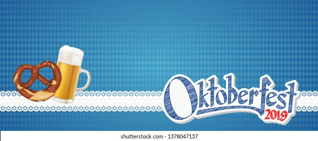 Oktoberfest 2019 background with a pretzel and a glass of beer