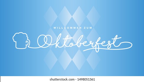 Oktoberfest 2019 beer mug and pretzel handwritten line lettering (German language welcome) blue white logo