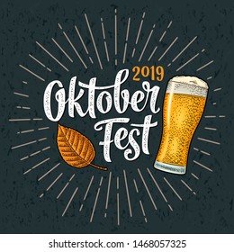 OktoberFest 2019 calligraphic handwriting lettering with rays. Glass beer and leaf. Vector vintage engraving illustration on dark background. Advertising design for poster and coaster.