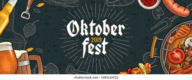 Oktoberfest 2019 lettering with rays. Beer glass, barbecue grill, sausage, hop branch. Vintage color vector engraving illustration on dark