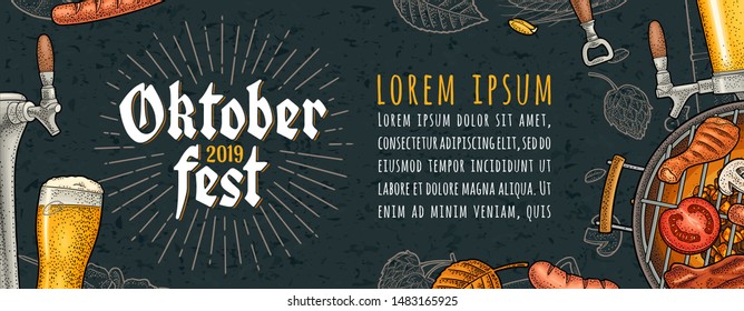 Oktoberfest 2019 lettering with rays. Beer glass, barbecue grill, sausage, hop branch. Vintage color vector engraving illustration on dark