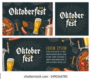 Oktoberfest 2019 lettering with rays. Beer glass, barbecue grill, bottle, sausage, hop branch. Vintage color vector engraving illustration on dark