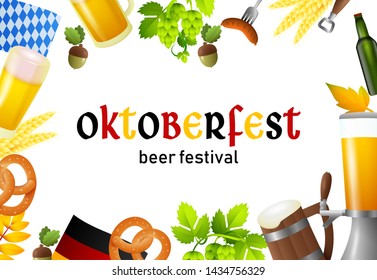 Oktoberfest 2019 lettering set and fest symbols. Festive banner design with beer mug, sausage, flag, beer tap on white background. Lettering can be used for invitations, advertising, announcements