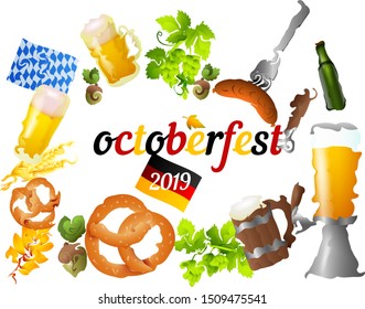Oktoberfest 2019 lettering set and fest symbols. Festive banner design with beer mug, sausage, flag, beer tap on white background. Lettering can be used for invitations, advertising, announcements