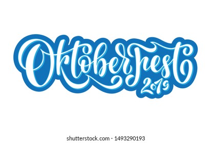 Oktoberfest 2019 logotype. Beer Festival vector banner. Illustration of Bavarian festival design on textured background. Blue, white lettering typography for logo, poster, card, postcard.