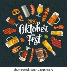 OktoberFest 2020 calligraphic handwriting lettering. Glass beer and grill food. Vector color vintage engraving illustration isolated on dark background. Advertising circle design for poster, coaster