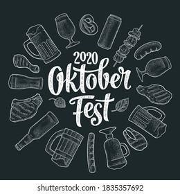 OktoberFest 2020 calligraphic handwriting lettering. Glass beer and grill food. Vector white vintage engraving illustration isolated on dark background. Advertising circle design for poster, coaster