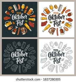 OktoberFest 2020 calligraphic handwriting lettering. Glass beer and grill food. Vector color vintage engraving illustration isolated on white and black background. Circle design for coaster and poster