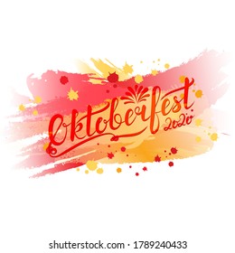 oktoberfest 2020 text on color blur background. caligraphic lettering on watercolor splash. vector illustration. design element for greeting card, T-shirt, banner, invitation, vignette, flyer