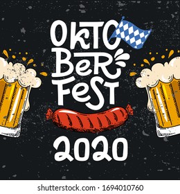 Oktoberfest 2020. Vector flat color illustration for German beer festival in Munich. Hand Drawn Lettering with picture of beer mug with foam, sausage and Bavarian flag. Cracks can be removed