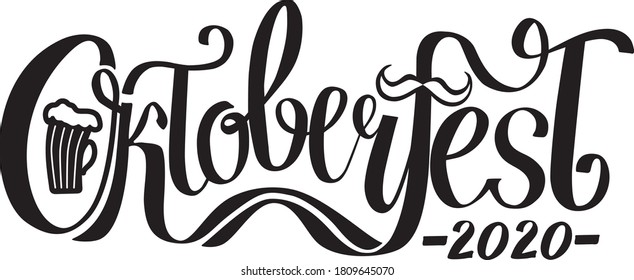 OktoberFest 2020 year hand lettering illustration on white background with decorative elements.
