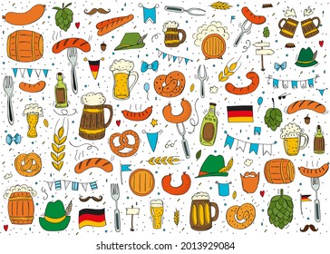 Oktoberfest 2021 - Beer Festival. Hand-drawn Doodle Elements. German Traditional holiday. Octoberfest, Craft Beer. Blue-white rhombus. Set of elements.