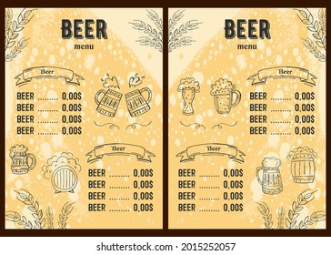 Oktoberfest 2021 - Beer Festival. Hand-drawn Doodle Elements. German Traditional holiday. Octoberfest, Craft Beer. Blue-white rhombus. Vertical Beer Menu. 