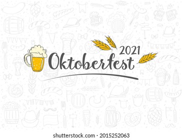 Oktoberfest 2021 - Bier Festival. Handgezeichnete Doodle-Elemente. Deutscher Traditioneller Urlaub. Oktoberfest, Handwerksbier. Blauweißer Rhombus. Schreiben.