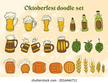Oktoberfest 2021 - Beer Festival. Hand-drawn Doodle Elements. German Traditional holiday. Octoberfest, Craft Beer. Blue-white rhombus. Set of elements.