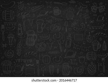 Oktoberfest 2021 - Beer Festival. Hand-drawn Doodle Elements. German Traditional holiday. Octoberfest, Craft Beer. Blue-white rhombus. Set of elements.