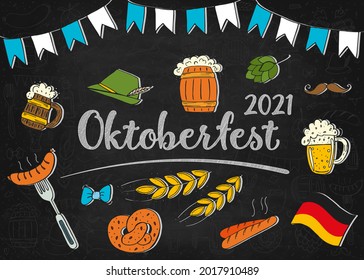 Oktoberfest 2021 - Bier Festival. Handgezeichnete Doodle-Elemente. Deutscher Traditioneller Urlaub. Oktoberfest, Handwerksbier. Blauweißer Rhombus. Schreiben. Skihaftpappe, Hintergrund.