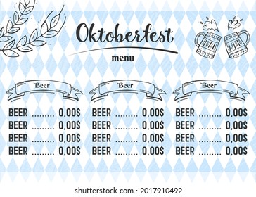 Oktoberfest 2021 - Bier Festival. Handgezeichnete Doodle-Elemente. Deutscher Traditioneller Urlaub. Oktoberfest, Handwerksbier. Blauweißer Rhombus. Horizontales Bier-Menü.