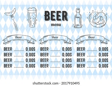 Oktoberfest 2021 - Beer Festival. Hand-drawn Doodle Elements. German Traditional holiday. Octoberfest, Craft Beer. Blue-white rhombus. Horizontal Beer menu.