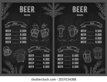 Oktoberfest 2021 - Beer Festival. Hand-drawn Doodle Elements. German Traditional holiday. Octoberfest, Craft Beer. Blue-white rhombus. Chalkboard Vertical Beer Menu. 