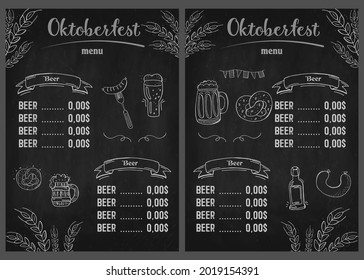 Oktoberfest 2021 - Beer Festival. Hand-drawn Doodle Elements. German Traditional holiday. Octoberfest, Craft Beer. Blue-white rhombus. Chalkboard Vertical Beer Menu. 