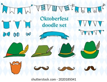 Oktoberfest 2021 - Beer Festival. Hand-drawn Doodle Elements. German Traditional holiday. Octoberfest, Craft Beer. Blue-white rhombus. Set of elements.