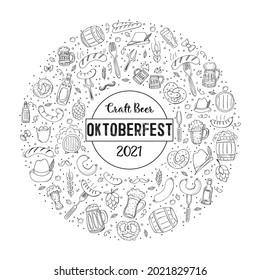 Oktoberfest 2021 - Beer Festival. Hand-drawn Doodle Elements. German Traditional holiday. Octoberfest, Craft Beer. A set of elements in the form of a circle. 