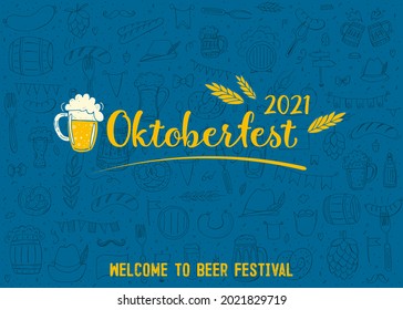 Oktoberfest 2021 - Beer Festival. Hand-drawn Doodle Elements. German Traditional holiday. Octoberfest, Craft Beer. Blue-white rhombus. Lettering. Welcome to Beer Festival.