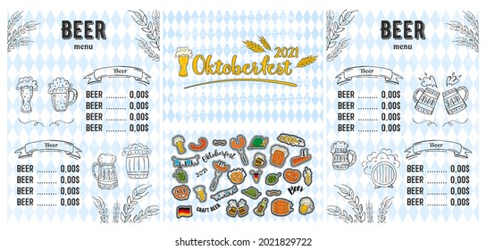 Oktoberfest 2021 - Festival de Cervezas. Elementos Doodle dibujados a mano. Vacaciones tradicionales alemanas. Octoberfest, Cerveza Craft. Rhombus azul-blanco. Set - menú Cerveza con elementos. 