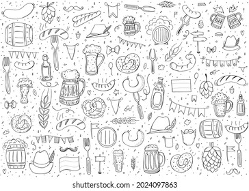 Oktoberfest 2021 - Beer Festival. Hand-drawn Doodle Elements. German Traditional holiday. Octoberfest, Craft Beer. Blue-white rhombus. Set of elements.