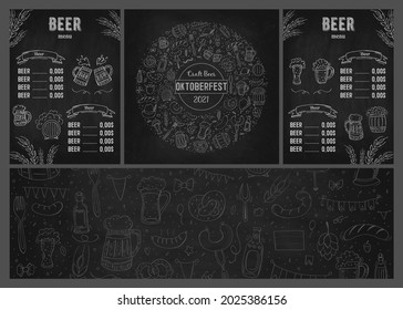 Oktoberfest 2021 - Beer Festival. Hand-drawn Doodle Elements. German Traditional holiday. Octoberfest, Craft Beer. Blue-white rhombus. Set - Beer menu with elements. Chalkboard background.