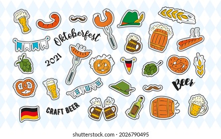 Oktoberfest 2021 - Beer Festival. Hand-drawn Doodle Elements. German Traditional holiday. Octoberfest, Craft Beer. Blue-white rhombus. Set of elements.