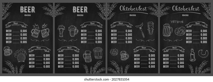 Oktoberfest 2021 - Beer Festival. Hand-drawn Doodle Elements. German Traditional holiday. Octoberfest, Craft Beer. Blue-white rhombus. Chalkboard Vertical Beer Menu. 