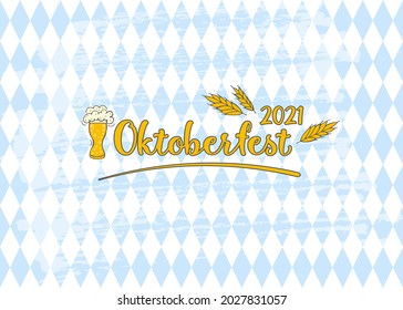 Oktoberfest 2021 - Bier Festival. Handgezeichnete Doodle-Elemente. Deutscher Traditioneller Urlaub. Oktoberfest, Handwerksbier. Blauweißer Rhombus. Schreiben.