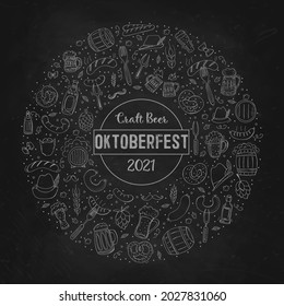 Oktoberfest 2021 - Bier Festival. Handgezeichnete Doodle-Elemente. Deutscher Traditioneller Urlaub. Oktoberfest, Handwerksbier. Ein Satz von Elementen in Form eines Kreises. Skihaftpappe, Hintergrund.