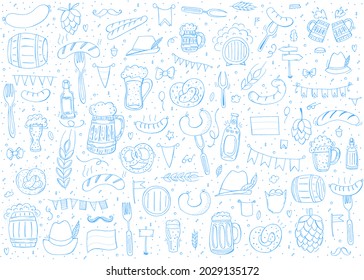 Oktoberfest 2021 - Beer Festival. Hand-drawn Doodle Elements. German Traditional holiday. Octoberfest, Craft Beer. Blue-white rhombus. Set of elements.