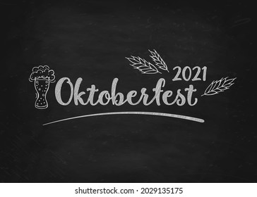 Oktoberfest 2021 - Beer Festival. Hand-drawn Doodle Elements. German Traditional holiday. Octoberfest, Craft Beer. Blue-white rhombus. Lettering. Chalkboard background.