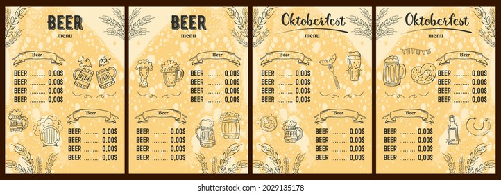 Oktoberfest 2021 - Beer Festival. Hand-drawn Doodle Elements. German Traditional holiday. Octoberfest, Craft Beer. Blue-white rhombus. Vertical Beer Menu. 