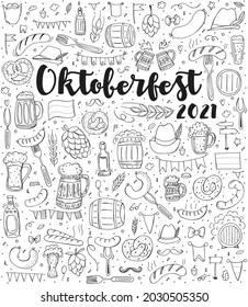 Oktoberfest 2021 - Beer Festival. Hand-drawn Doodle Elements. German Traditional Holiday. Octoberfest, Craft Beer. Blue-white Rhombus. Set Of Elements.