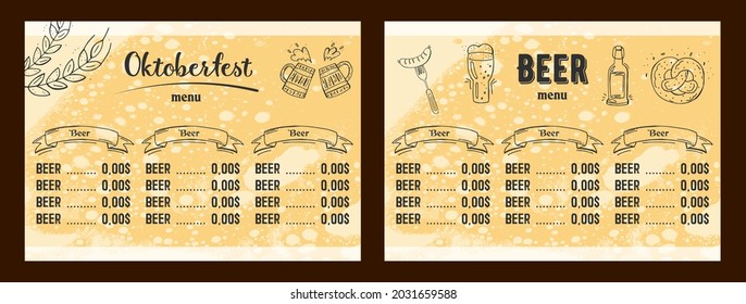 Oktoberfest 2021 - Beer Festival. Hand-drawn Doodle Elements. German Traditional holiday. Octoberfest, Craft Beer. Blue-white rhombus. Horizontal Beer menu.