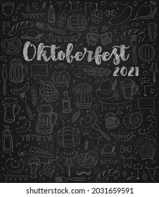 Oktoberfest 2021 - Beer Festival. Hand-drawn Doodle Elements. German Traditional holiday. Octoberfest, Craft Beer. Blue-white rhombus. Set of elements. Chalkboard background.