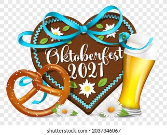 Oktoberfest 2021 symbol icon with gingerbread heart, beer glass and pretzel. Vector illustration on transparent background isolated