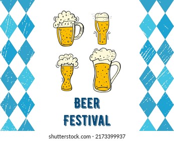 Oktoberfest 2022 - Beer Festival. Hand-drawn set of Doodle Elements. German Traditional holiday. Colored glass beer mugs with lettering and blue rhombuses on a white background.